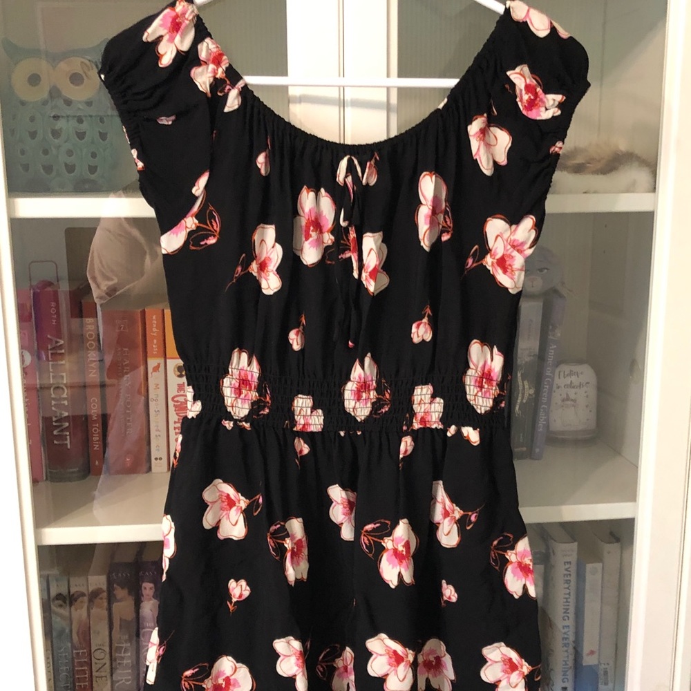 off the shoulder black floral dress